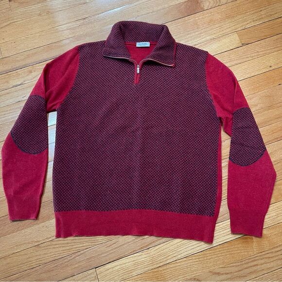 PAL ZILERI Merino Wool Pullover Sweater Mens 52 L 1/4 Zip Elbow Patch Birdseye